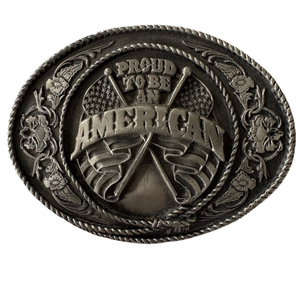VTG 1991 Siskiyou Buckle Co Proud To Be An American Pewter Belt Buckle J-5 USA